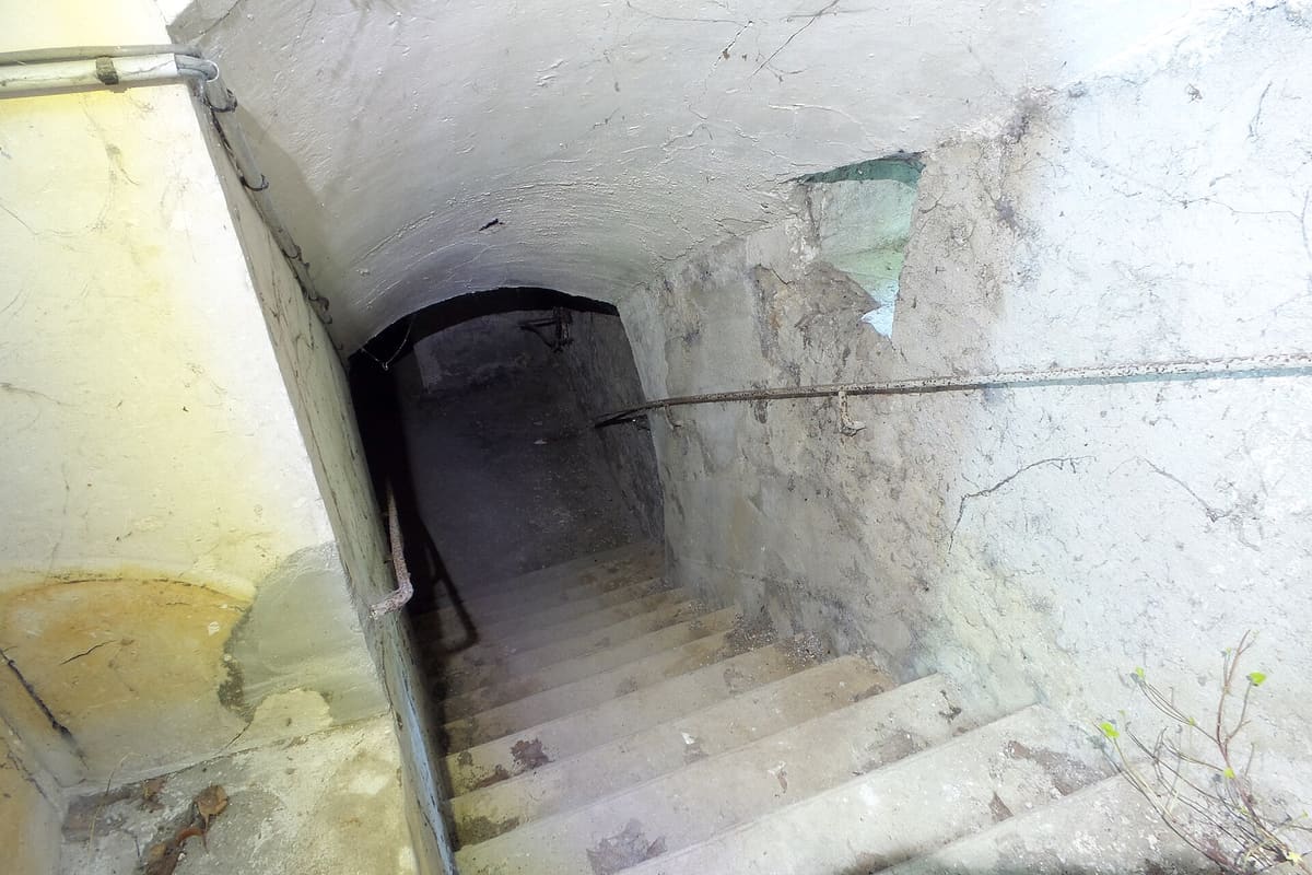 Escalier en pierre descendant vers une cave voûtée